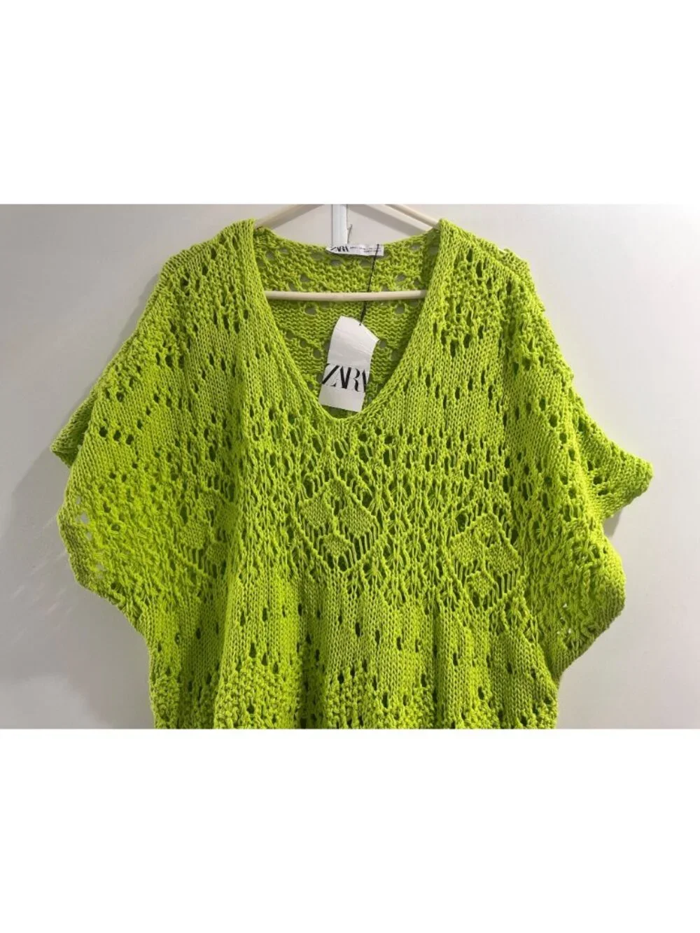 Zara Crochet Open Knit Tunic Top Womens M-L Green Asymmetrical Cover-Up Beach